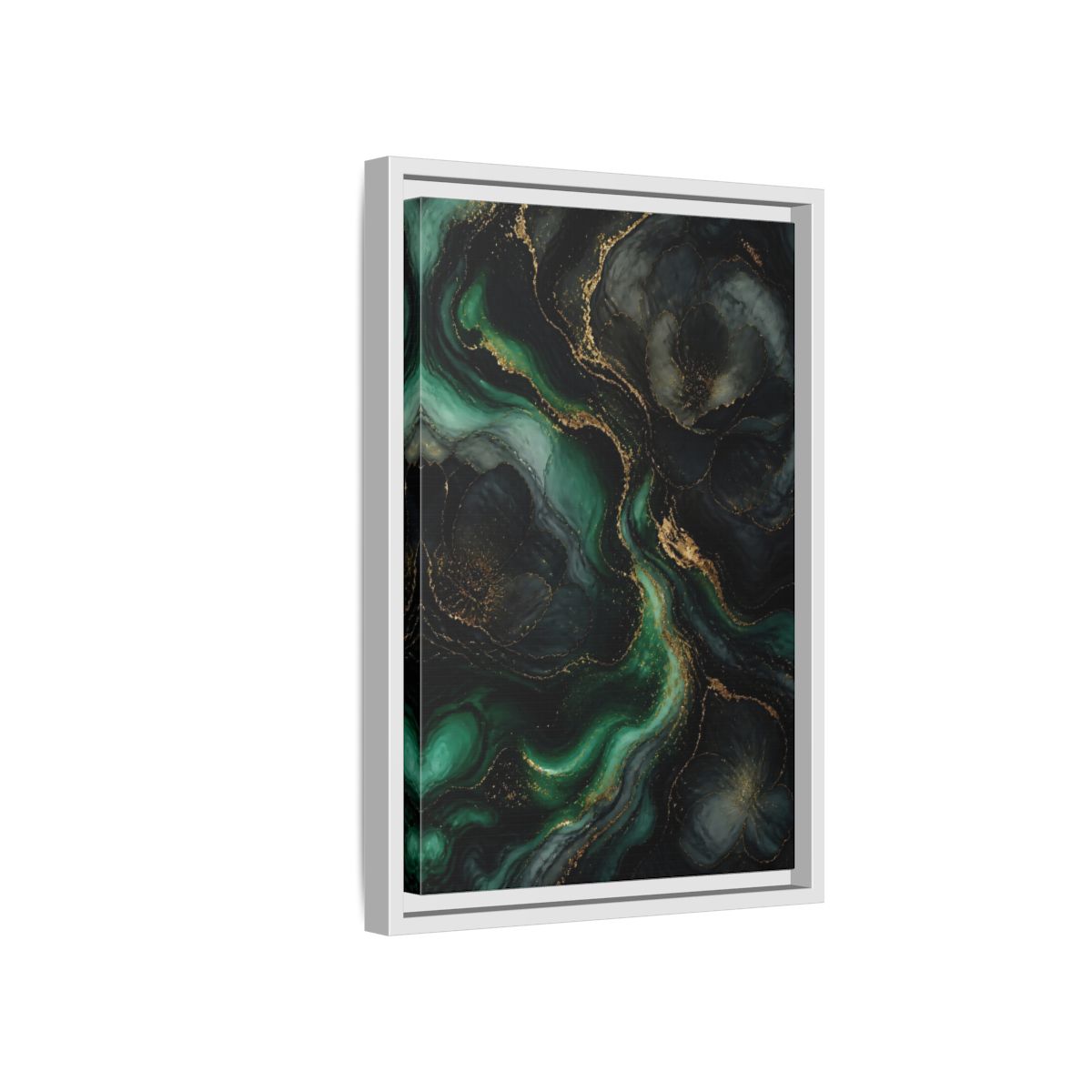 Side Mockup 4. Abstract Abstract Floral Emerald Gold Abstract shown as stretched canvas wall art
