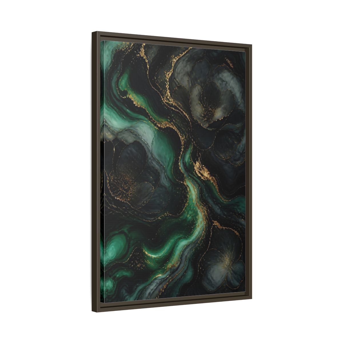Side Mockup 11. Abstract Abstract Floral Emerald Gold Abstract shown as stretched canvas wall art