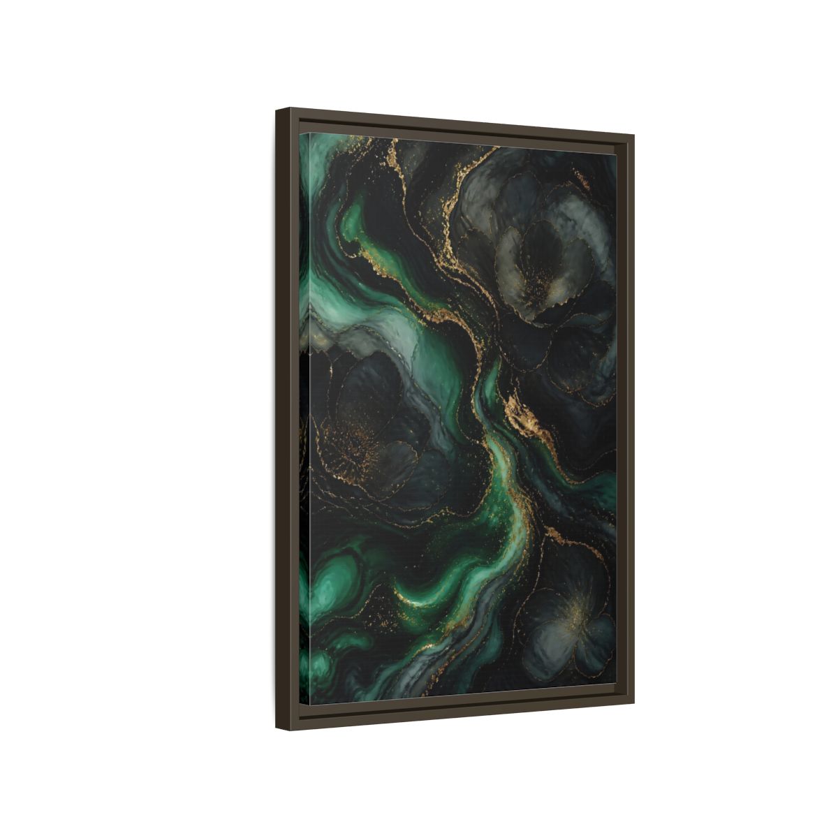 Side Mockup 2. Abstract Abstract Floral Emerald Gold Abstract shown as stretched canvas wall art