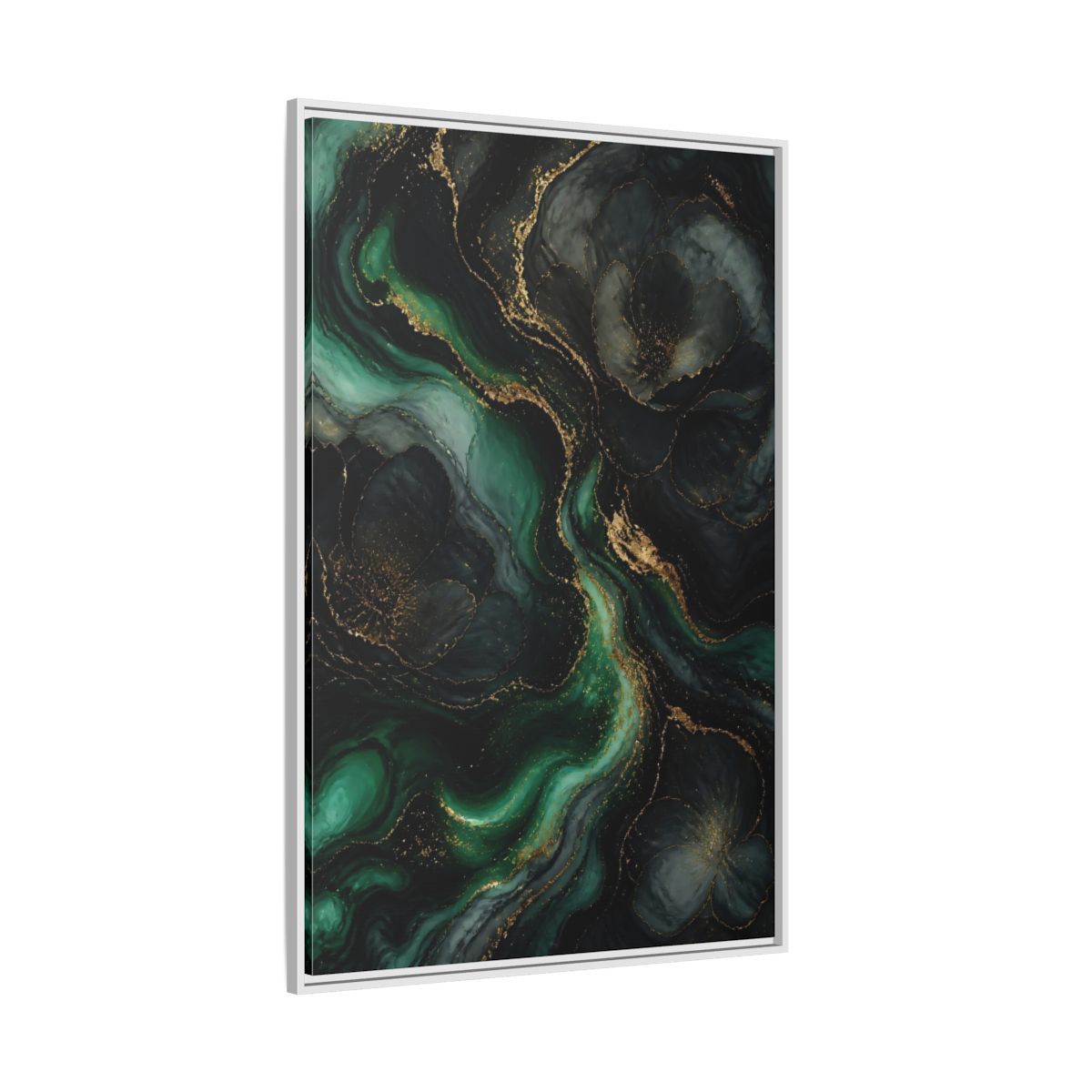 Side Mockup 7. Abstract Abstract Floral Emerald Gold Abstract shown as stretched canvas wall art
