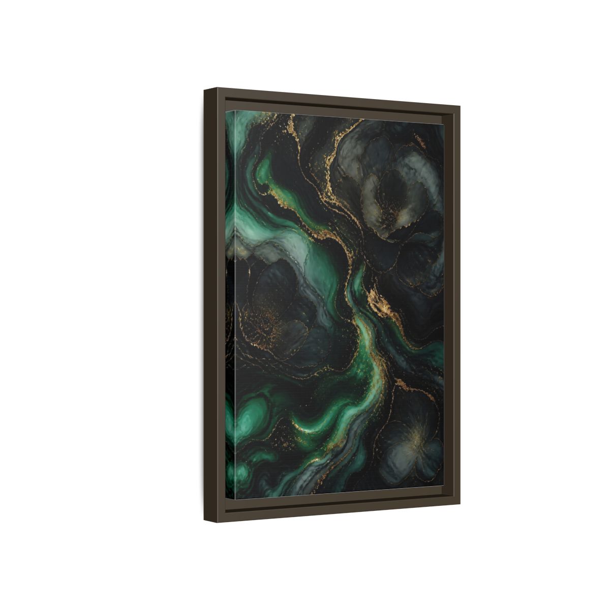 Side Mockup 5. Abstract Abstract Floral Emerald Gold Abstract shown as stretched canvas wall art