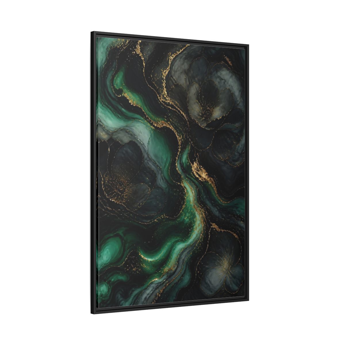 Side Mockup 12. Abstract Abstract Floral Emerald Gold Abstract shown as stretched canvas wall art