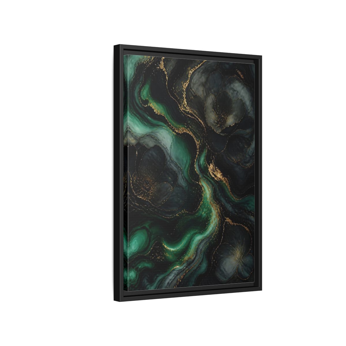 Side Mockup 3. Abstract Abstract Floral Emerald Gold Abstract shown as stretched canvas wall art