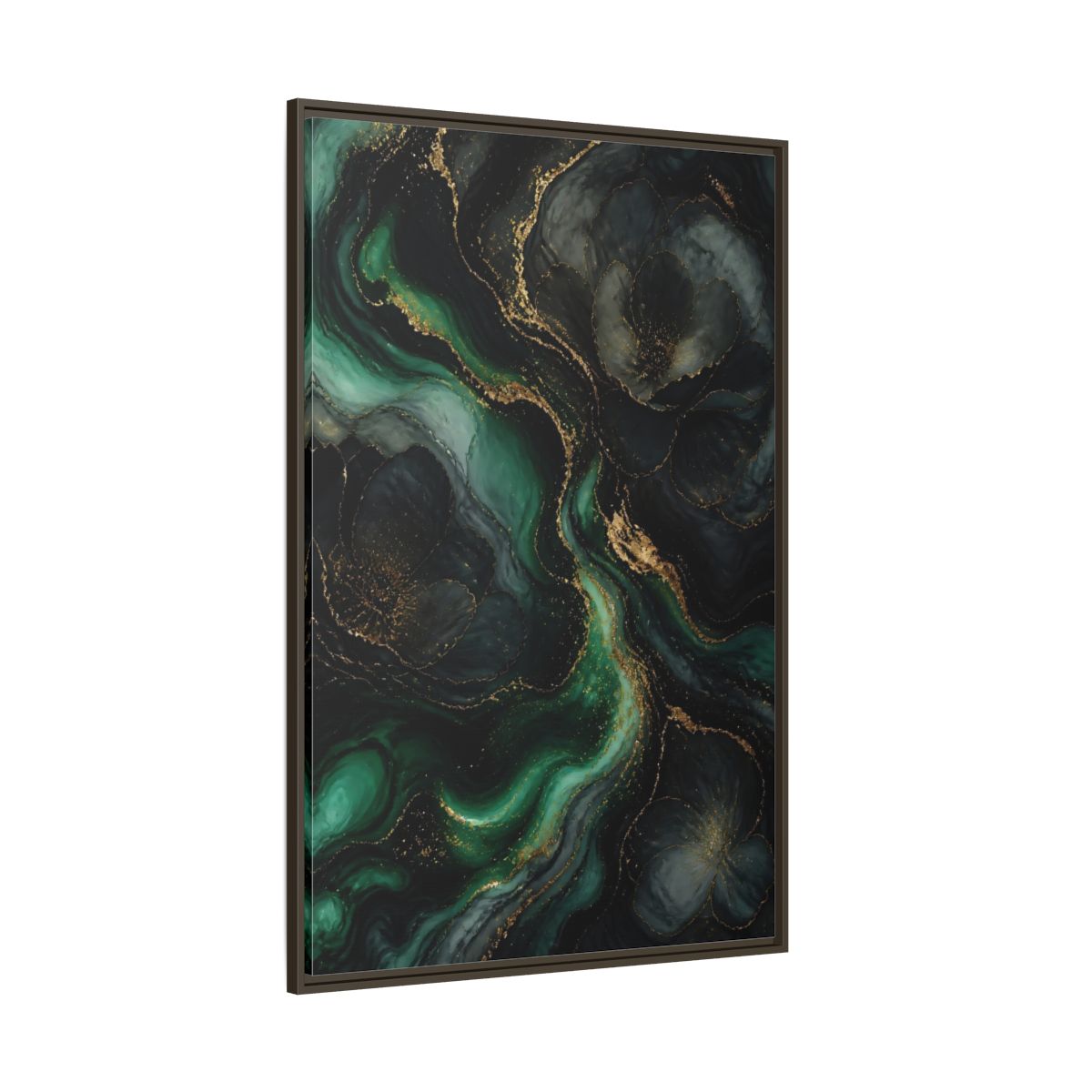 Side Mockup 8. Abstract Abstract Floral Emerald Gold Abstract shown as stretched canvas wall art
