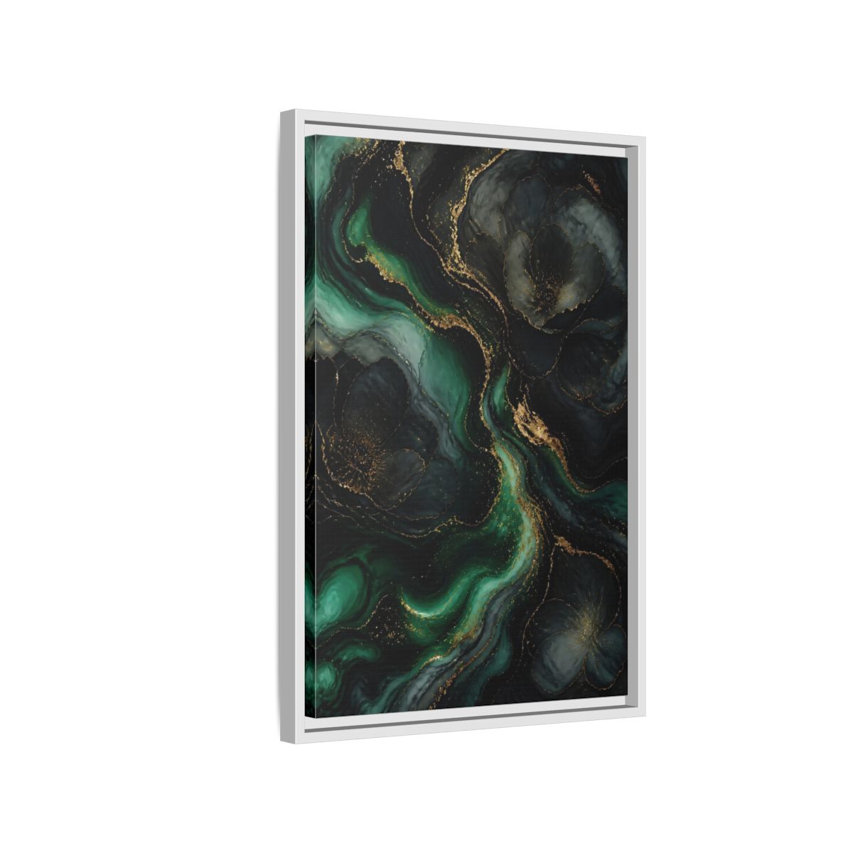 Side Mockup 1. Abstract Abstract Floral Emerald Gold Abstract shown as stretched canvas wall art