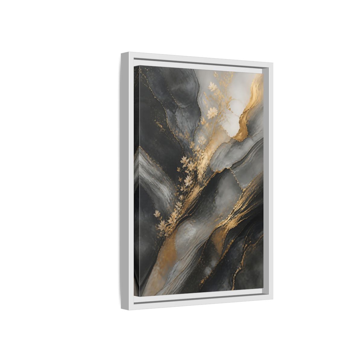 Side Mockup 4. Abstract Abstract Florals Dark Grey Gold Abstract shown as stretched canvas wall art