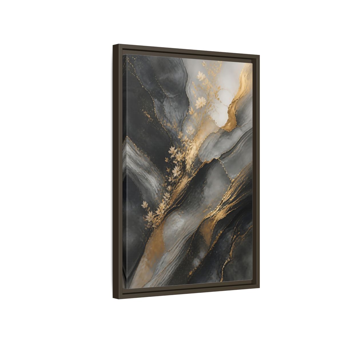 Side Mockup 2. Abstract Abstract Florals Dark Grey Gold Abstract shown as stretched canvas wall art
