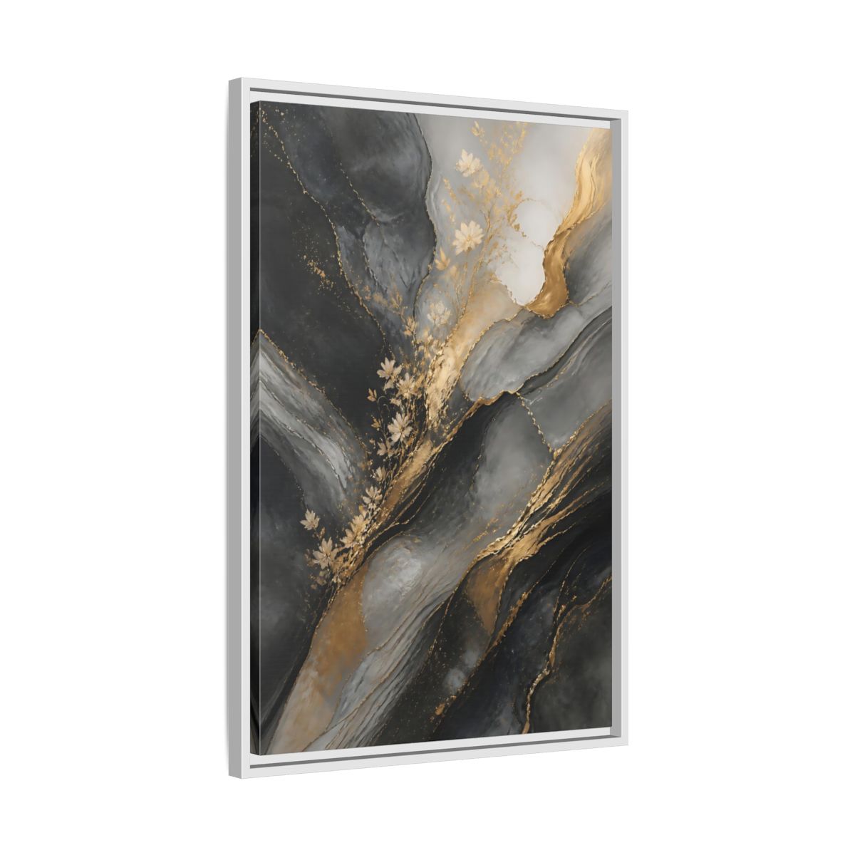 Side Mockup 10. Abstract Abstract Florals Dark Grey Gold Abstract shown as stretched canvas wall art