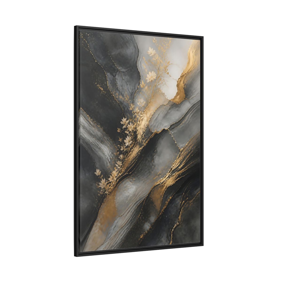 Side Mockup 12. Abstract Abstract Florals Dark Grey Gold Abstract shown as stretched canvas wall art