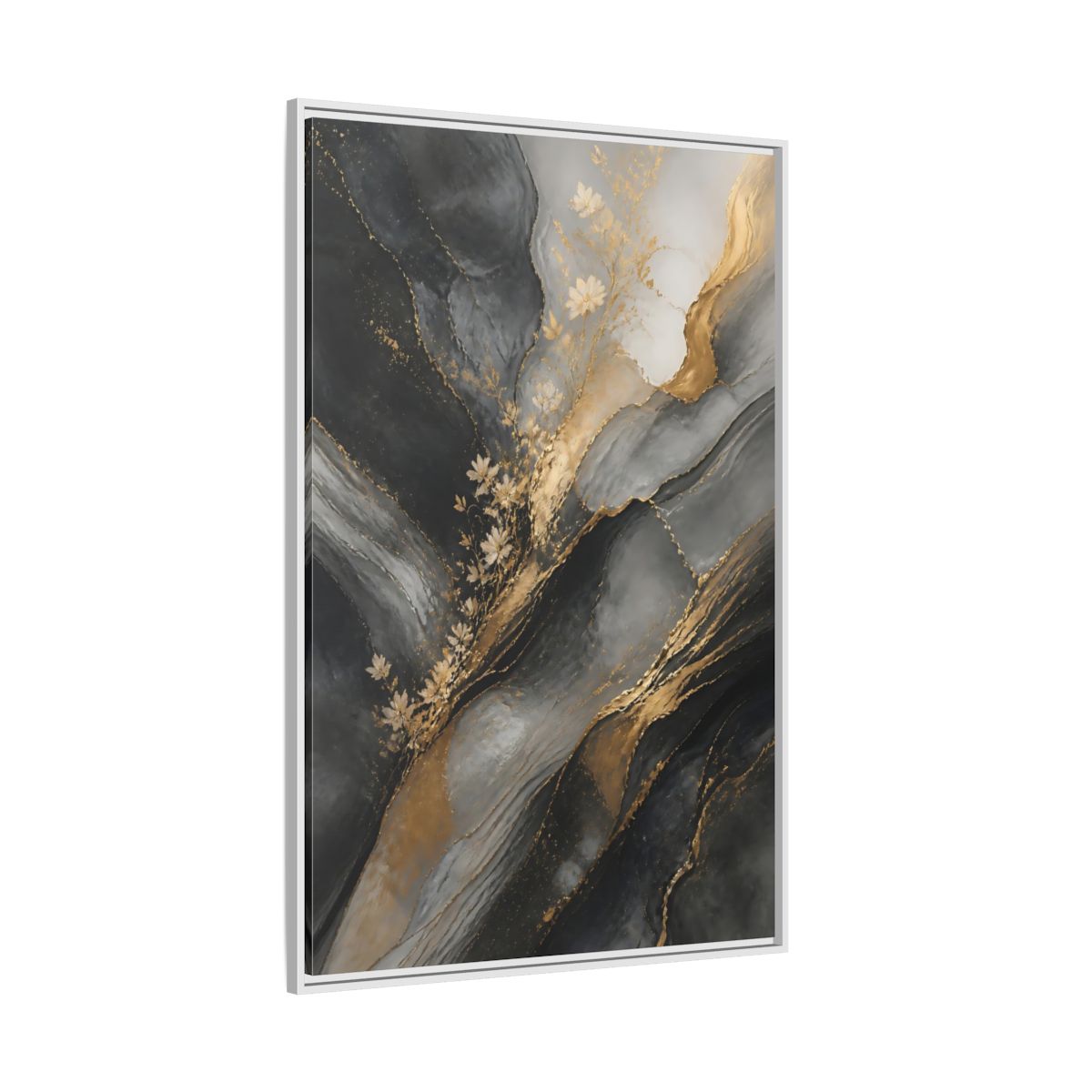 Side Mockup 7. Abstract Abstract Florals Dark Grey Gold Abstract shown as stretched canvas wall art