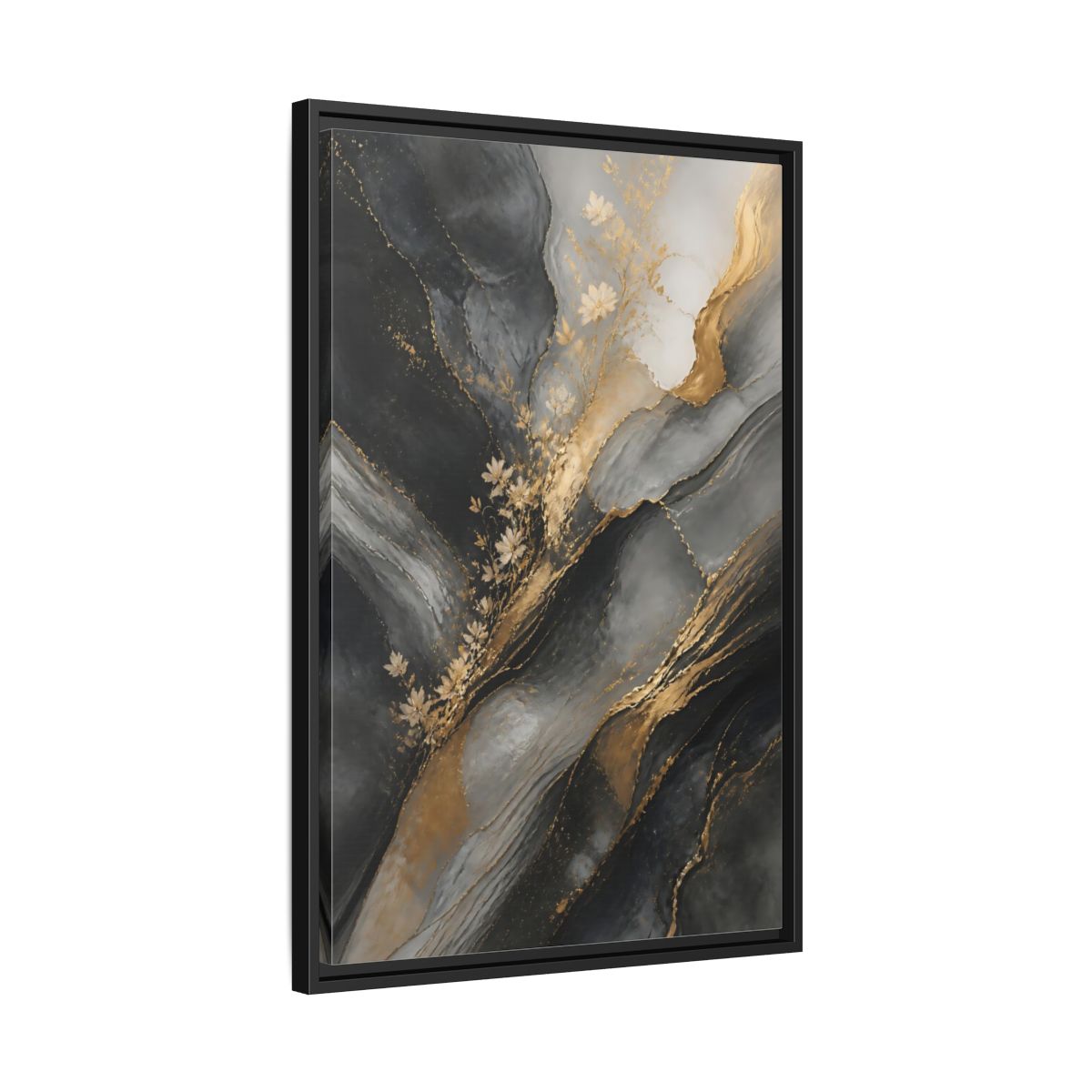 Side Mockup 14. Abstract Abstract Florals Dark Grey Gold Abstract shown as stretched canvas wall art