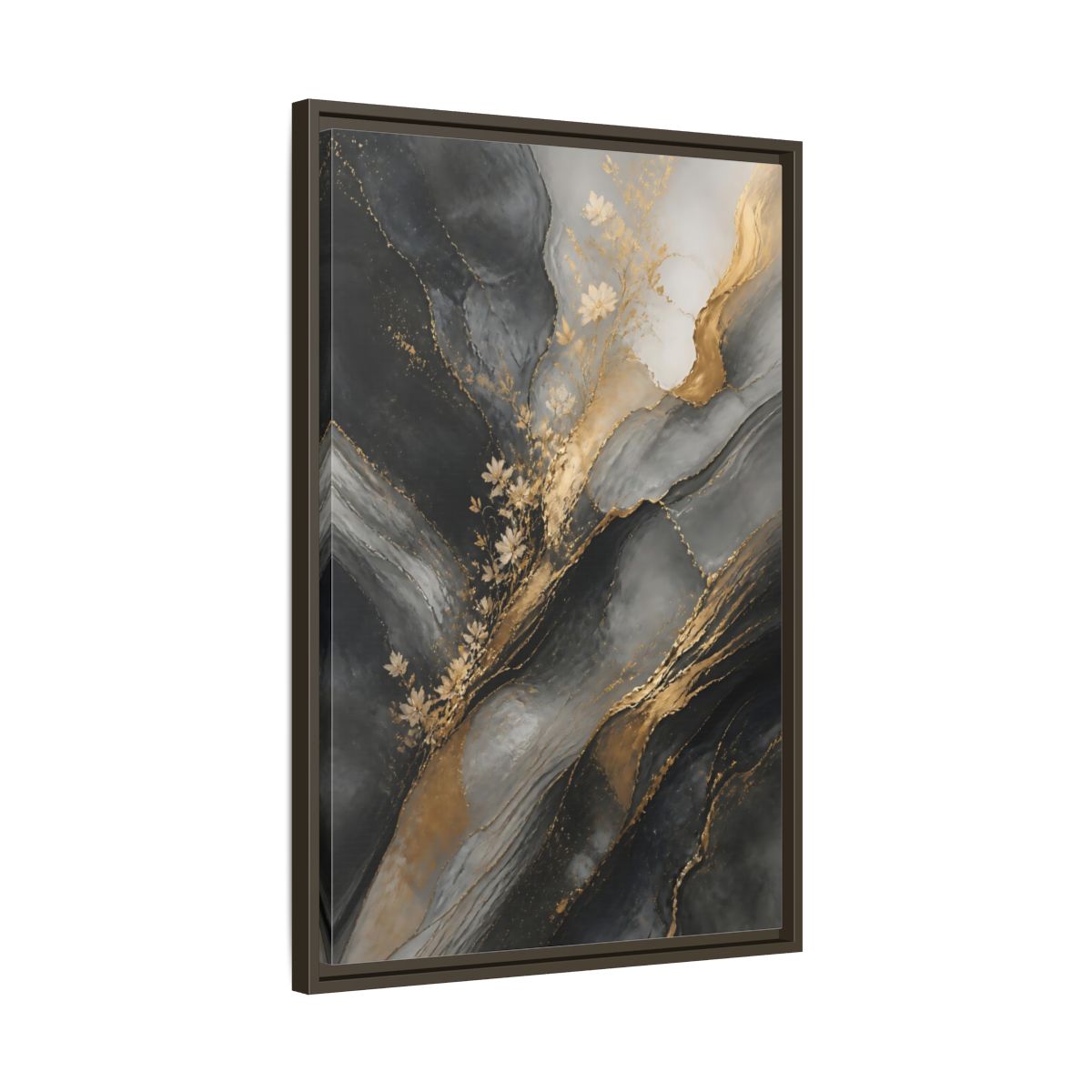 Side Mockup 11. Abstract Abstract Florals Dark Grey Gold Abstract shown as stretched canvas wall art