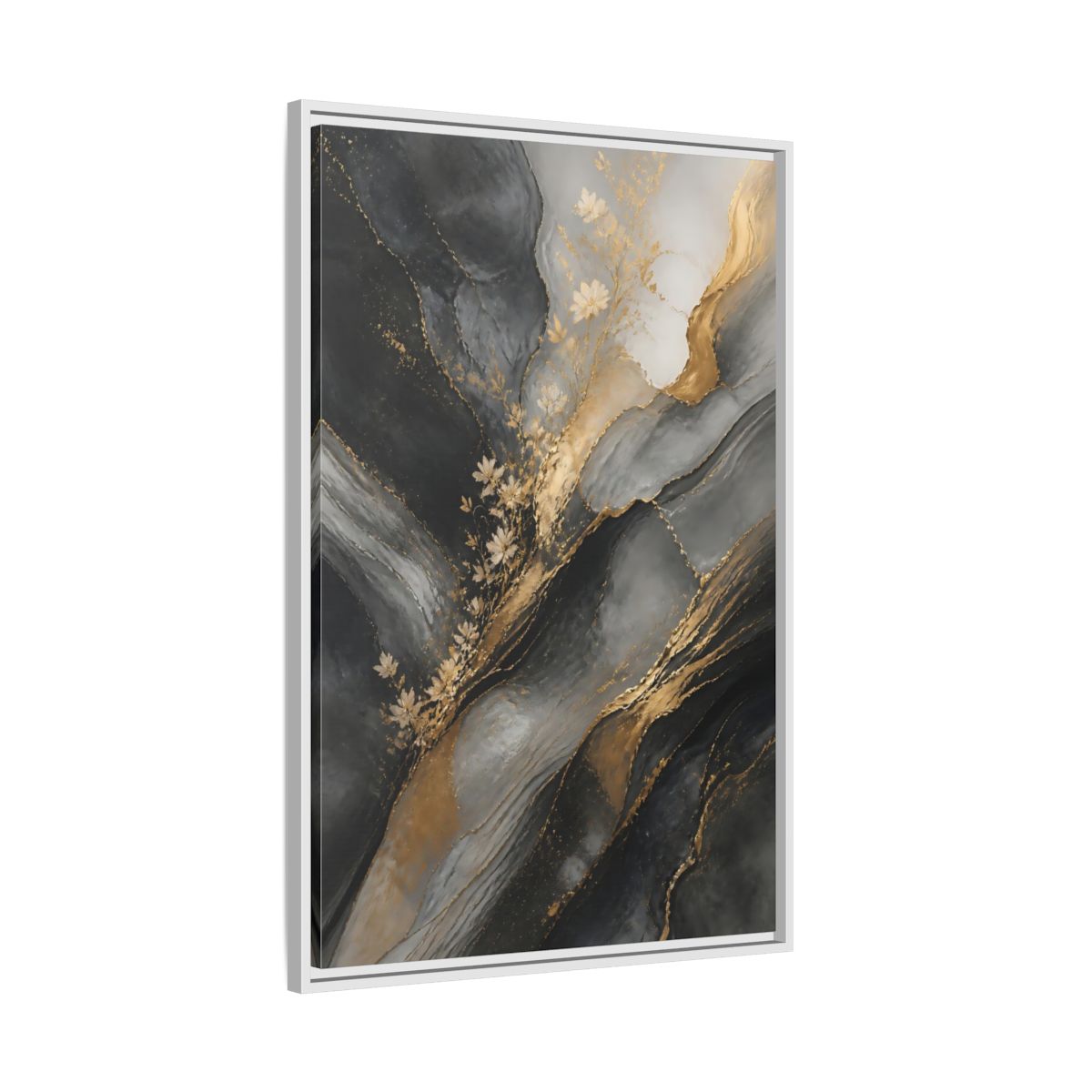 Side Mockup 9. Abstract Abstract Florals Dark Grey Gold Abstract shown as stretched canvas wall art