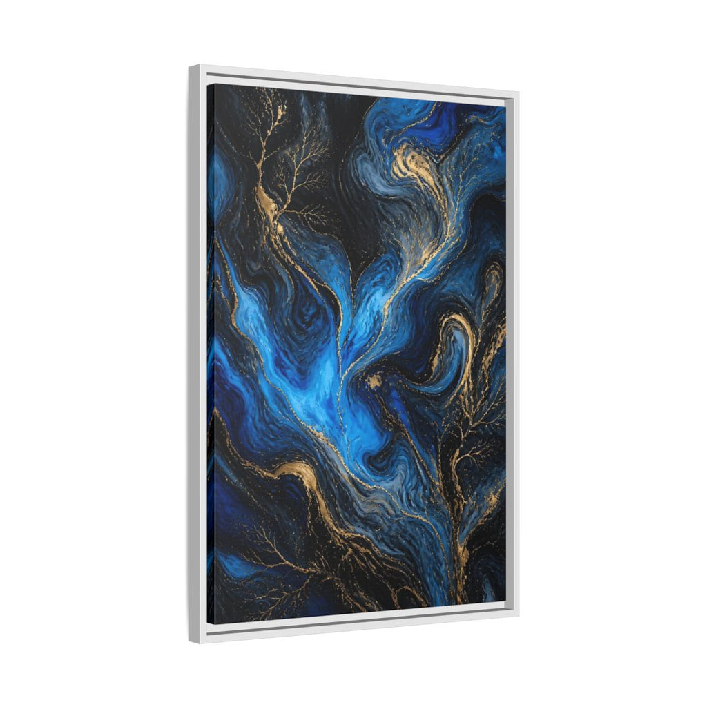 Side Mockup 10. Abstract Abstract Flow Blue And Gold shown as stretched canvas wall art