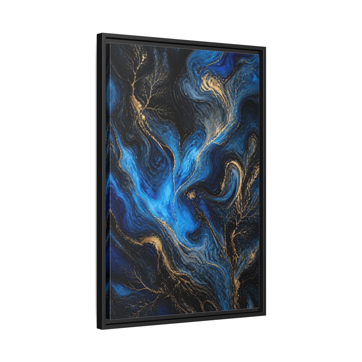 Side Mockup 14. Abstract Abstract Flow Blue And Gold shown as stretched canvas wall art