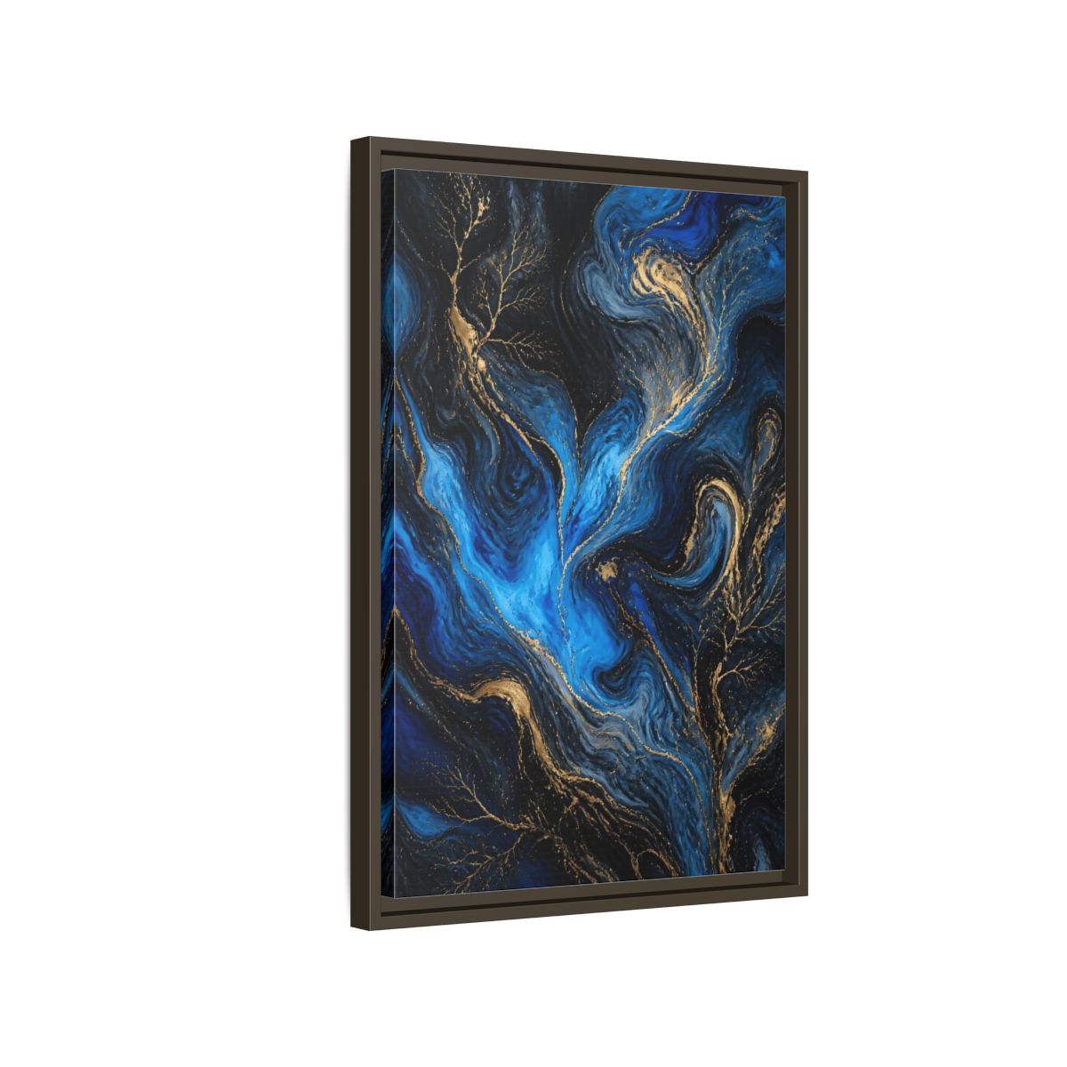 Side Mockup 2. Abstract Abstract Flow Blue And Gold shown as stretched canvas wall art
