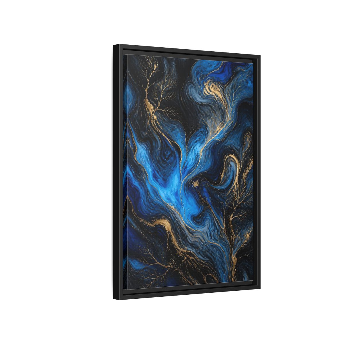 Side Mockup 3. Abstract Abstract Flow Blue And Gold shown as stretched canvas wall art