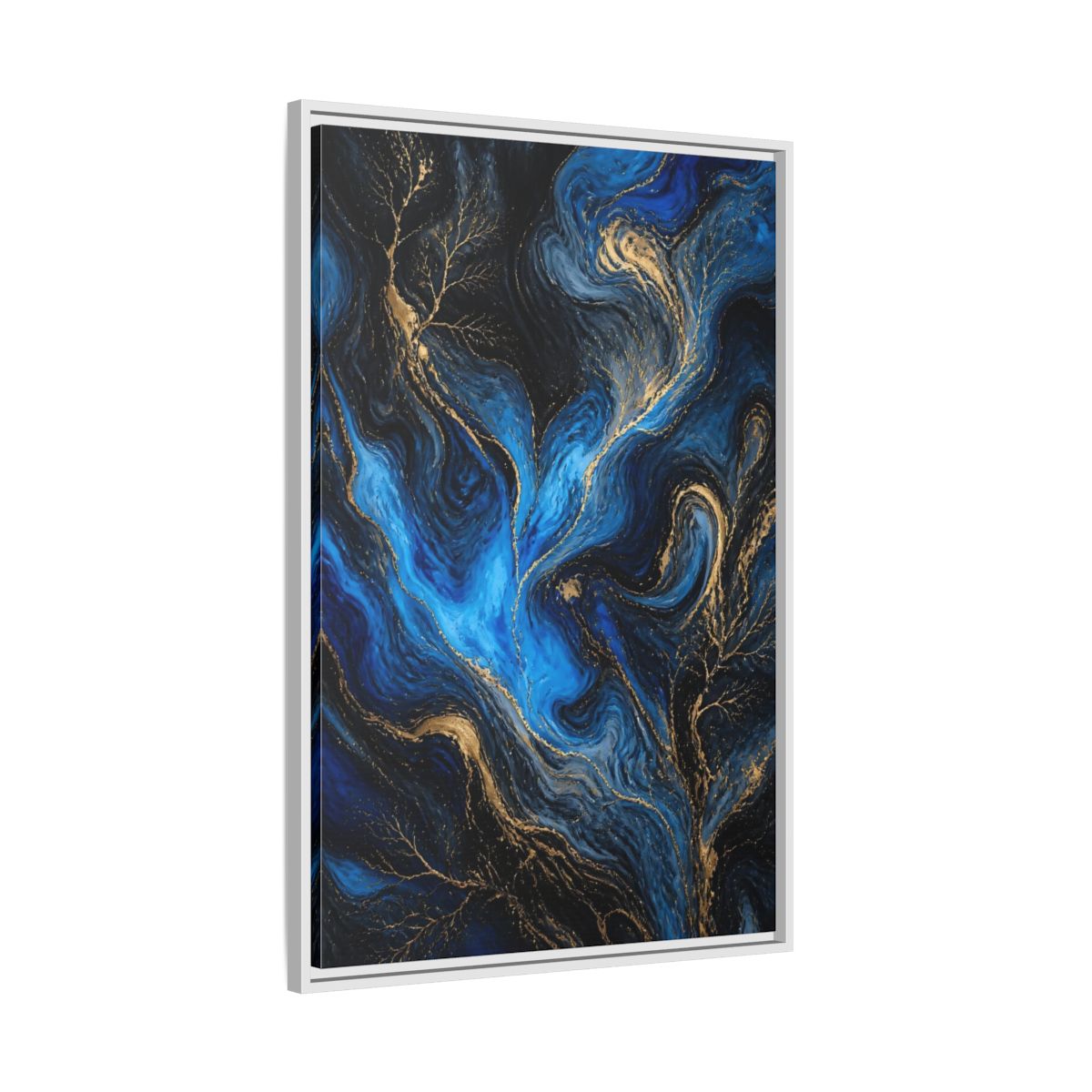 Side Mockup 9. Abstract Abstract Flow Blue And Gold shown as stretched canvas wall art