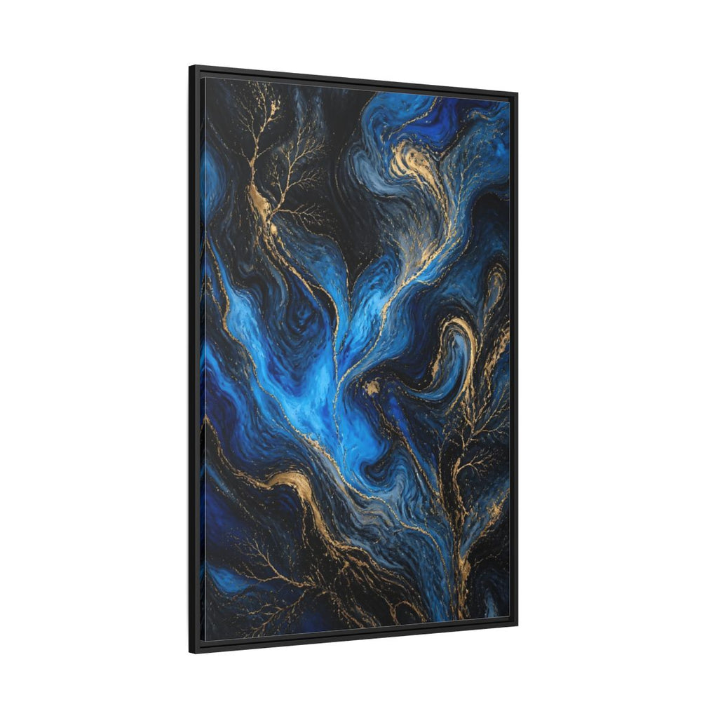 Side Mockup 12. Abstract Abstract Flow Blue And Gold shown as stretched canvas wall art