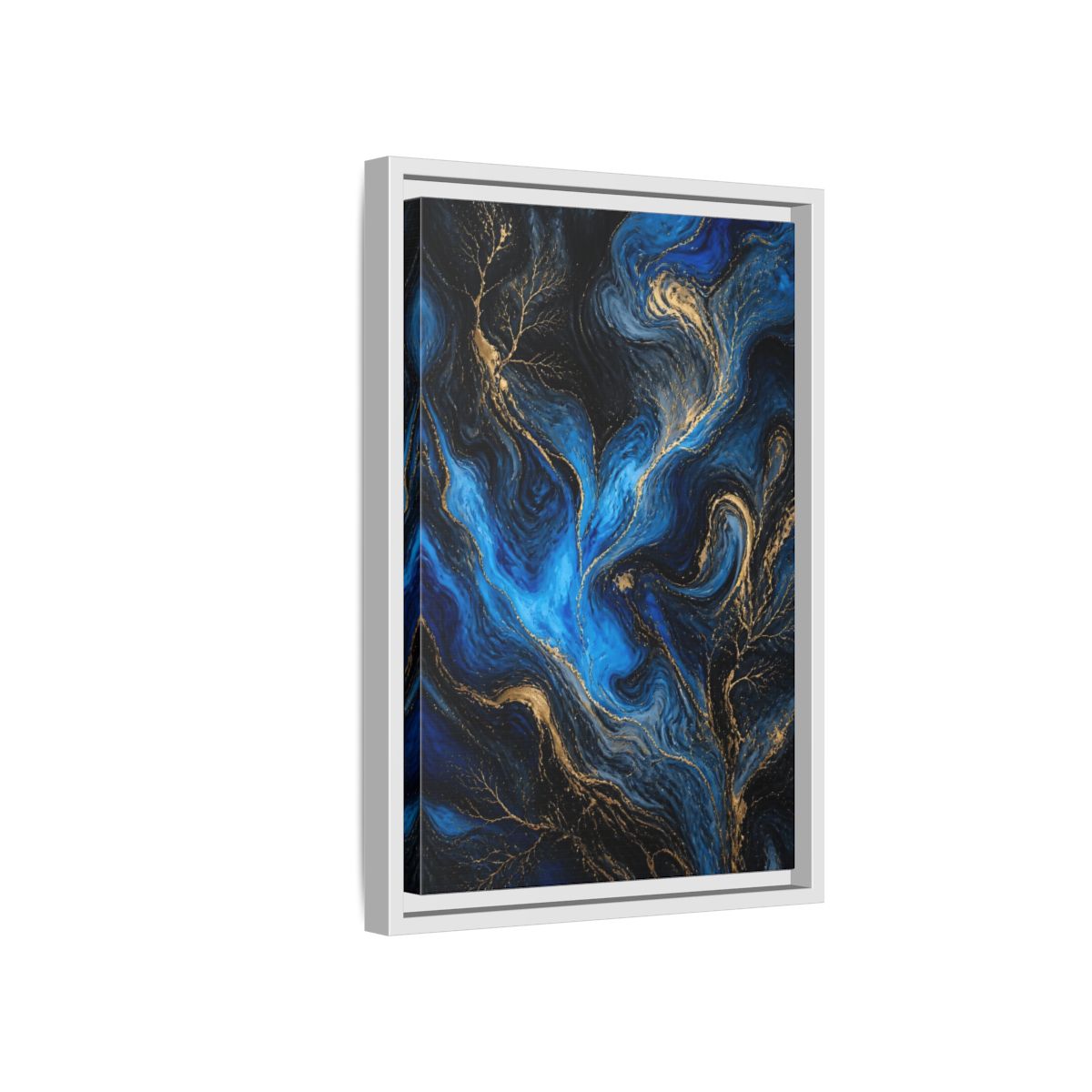 Side Mockup 4. Abstract Abstract Flow Blue And Gold shown as stretched canvas wall art