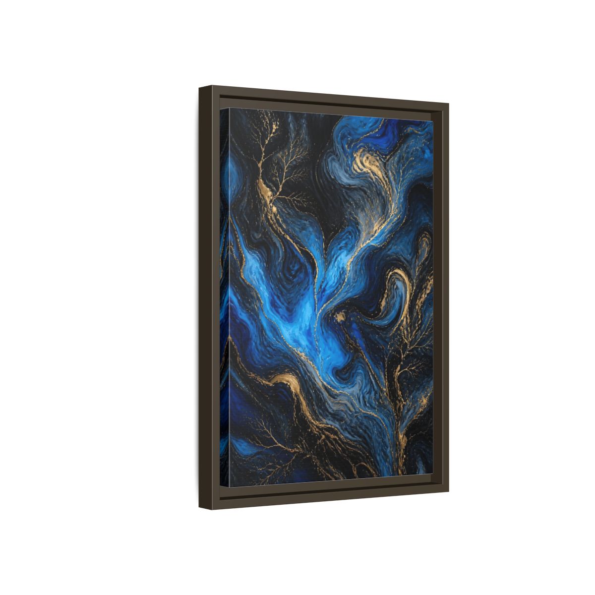 Side Mockup 5. Abstract Abstract Flow Blue And Gold shown as stretched canvas wall art