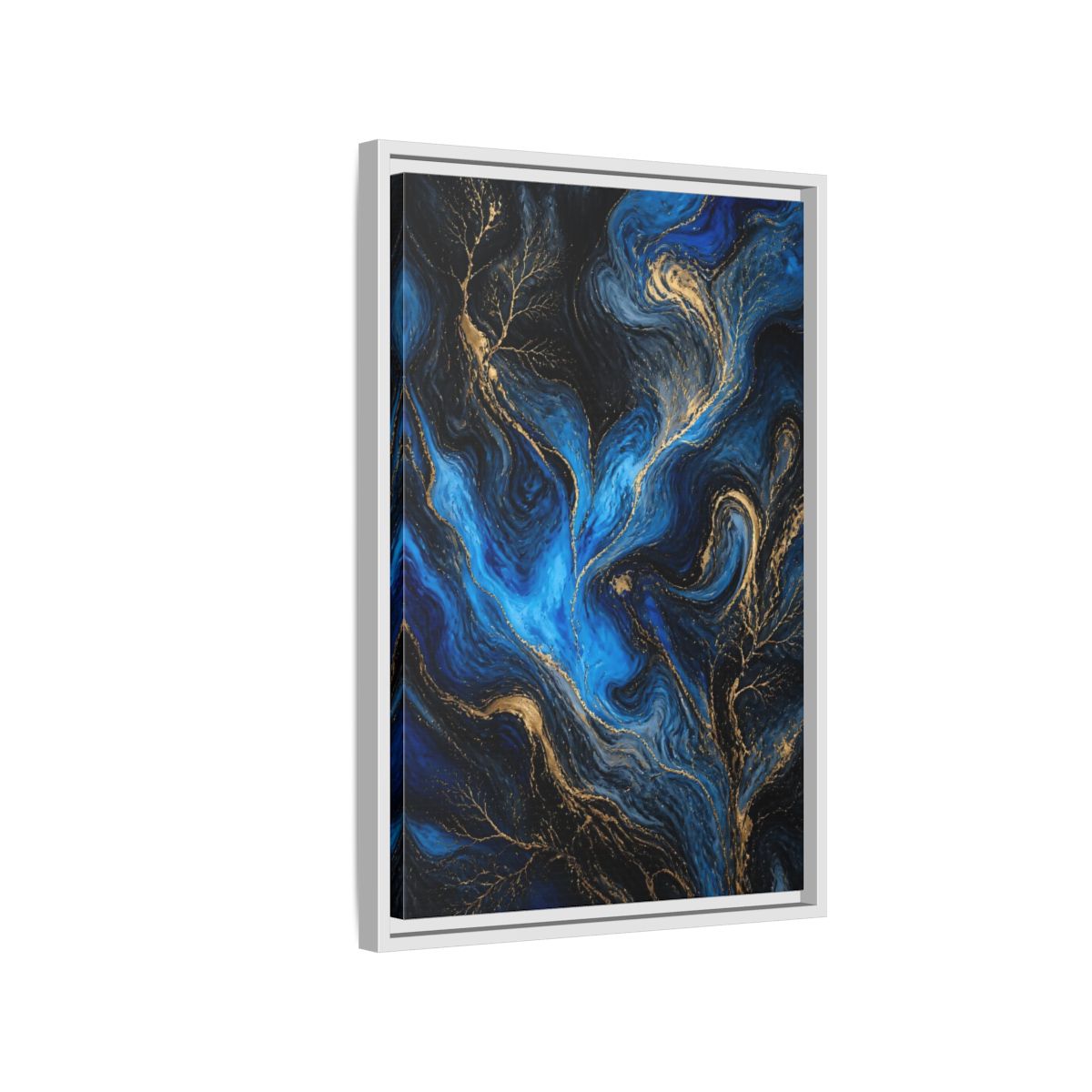 Side Mockup 1. Abstract Abstract Flow Blue And Gold shown as stretched canvas wall art