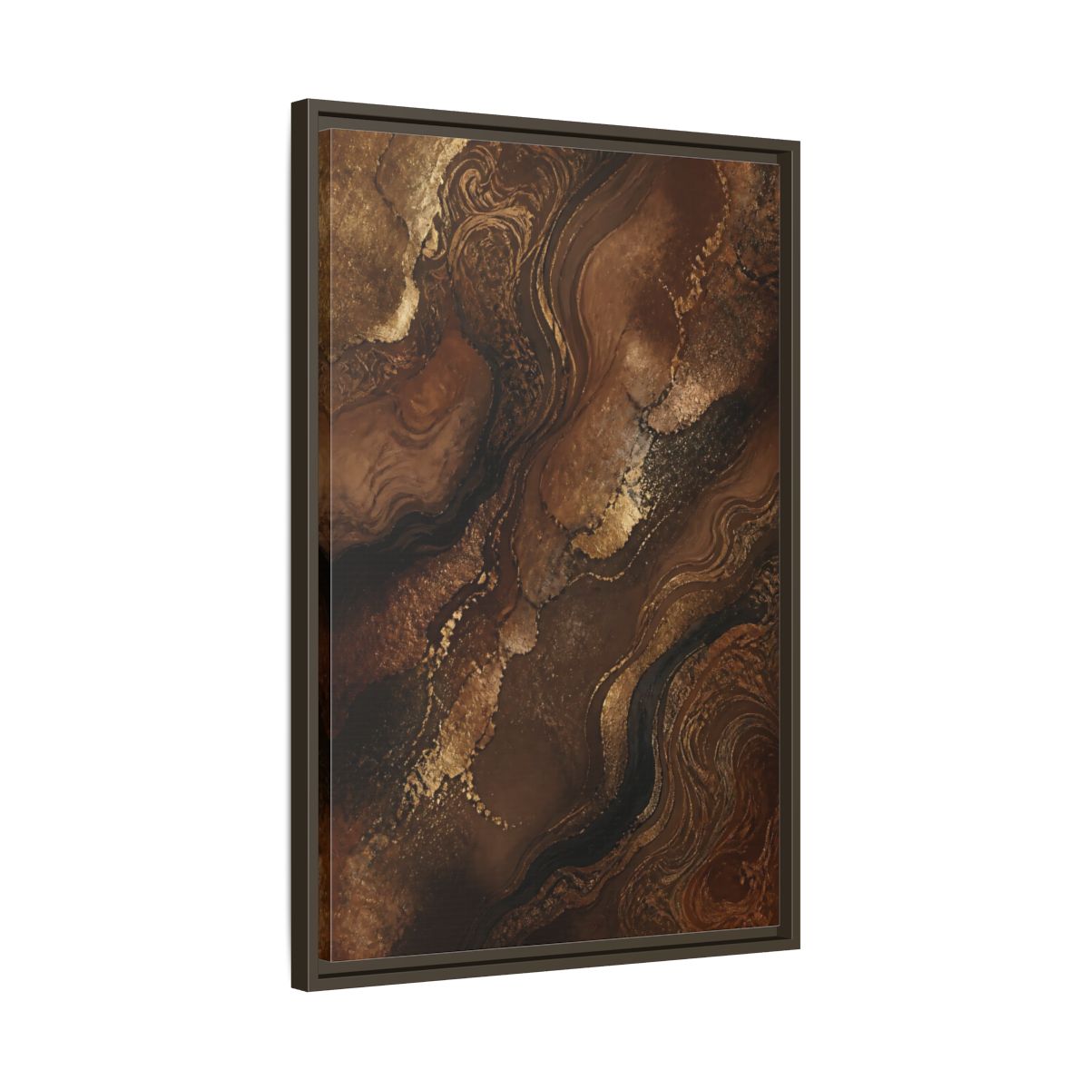 Side Mockup 11. Abstract Abstract Flow Brown And Gold Abstract shown as stretched canvas wall art