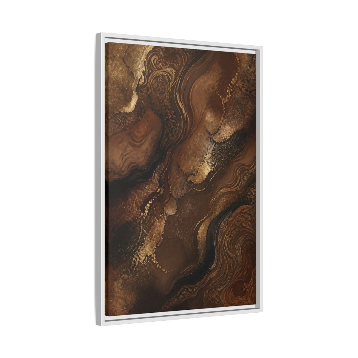 Side Mockup 10. Abstract Abstract Flow Brown And Gold Abstract shown as stretched canvas wall art