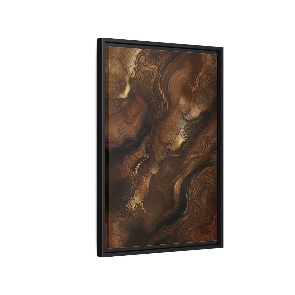 Side Mockup 3. Abstract Abstract Flow Brown And Gold Abstract shown as stretched canvas wall art