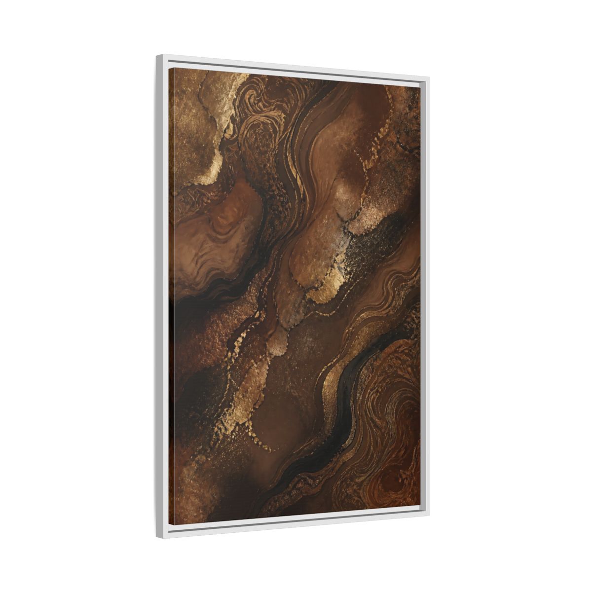 Side Mockup 9. Abstract Abstract Flow Brown And Gold Abstract shown as stretched canvas wall art