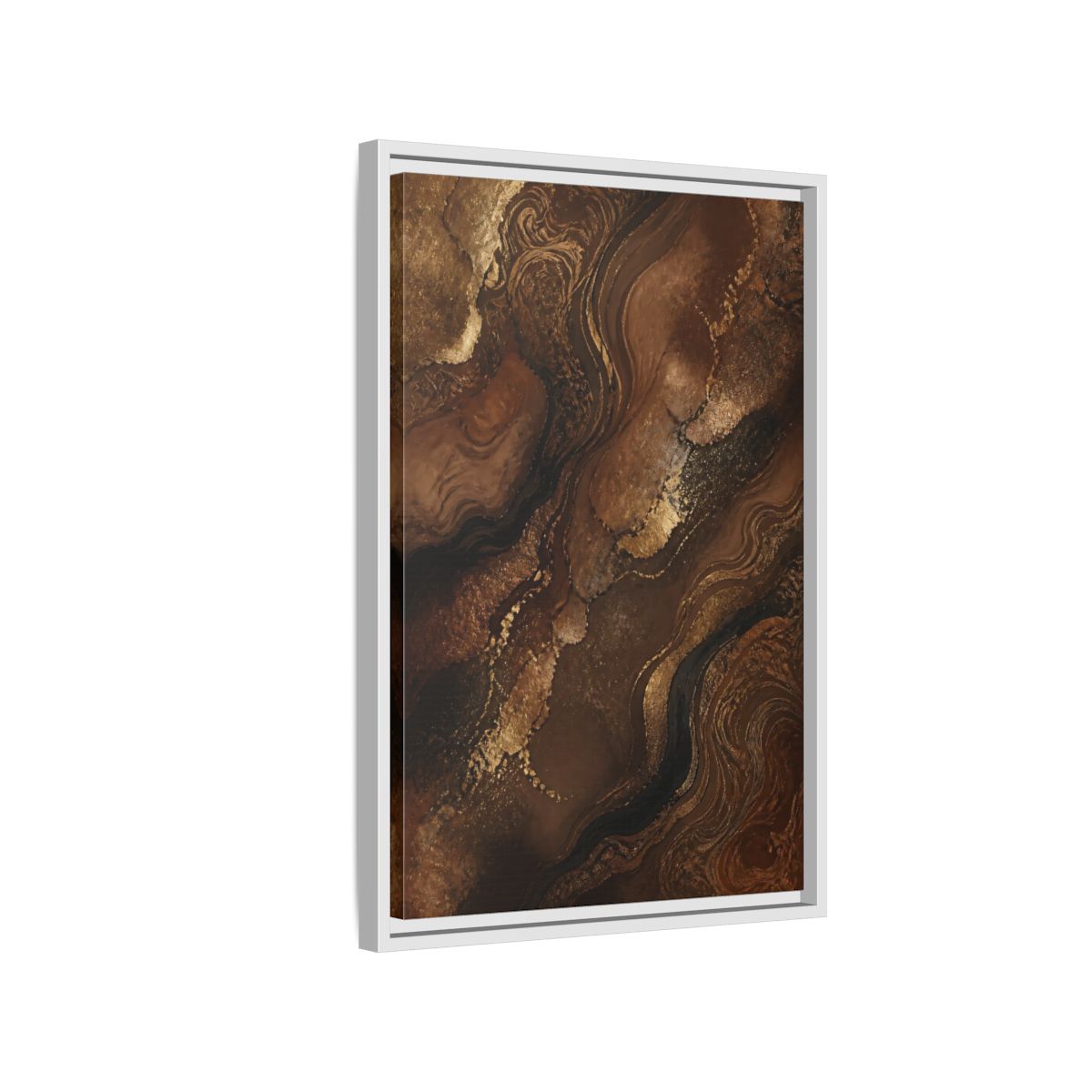 Side Mockup 1. Abstract Abstract Flow Brown And Gold Abstract shown as stretched canvas wall art
