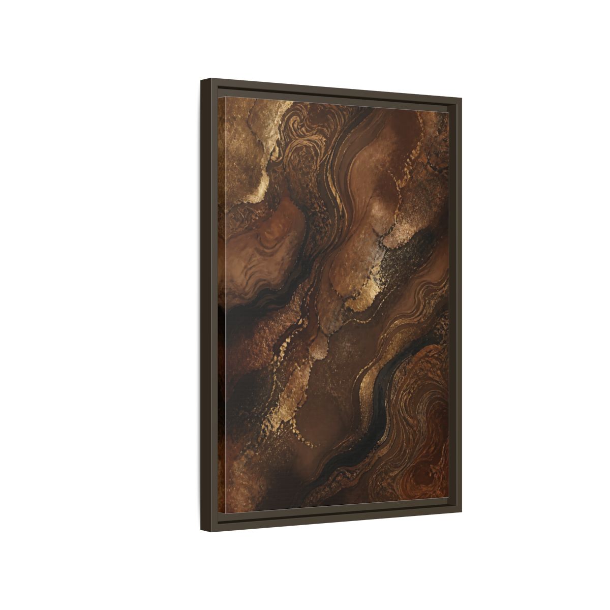 Side Mockup 2. Abstract Abstract Flow Brown And Gold Abstract shown as stretched canvas wall art