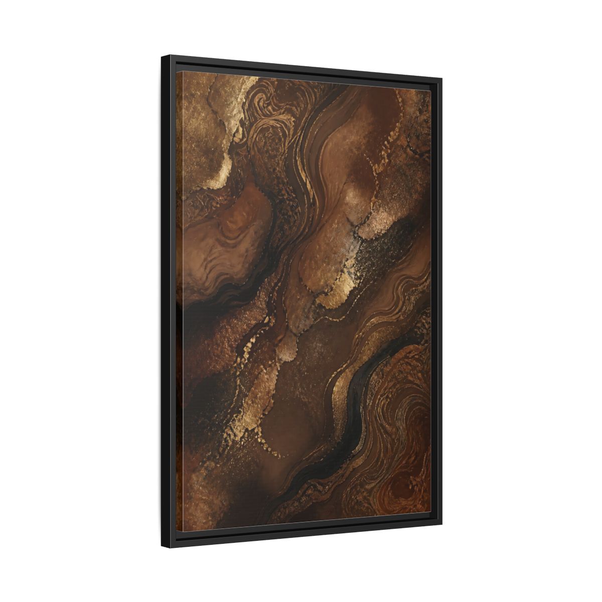 Side Mockup 14. Abstract Abstract Flow Brown And Gold Abstract shown as stretched canvas wall art