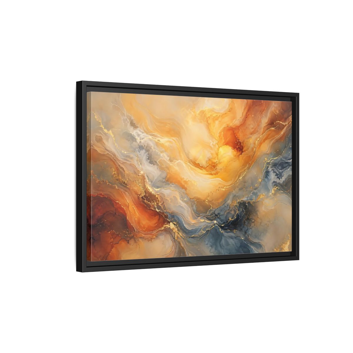 Side Mockup 3. Abstract Abstract Flow Gold And Blue Abstract shown as stretched canvas wall art