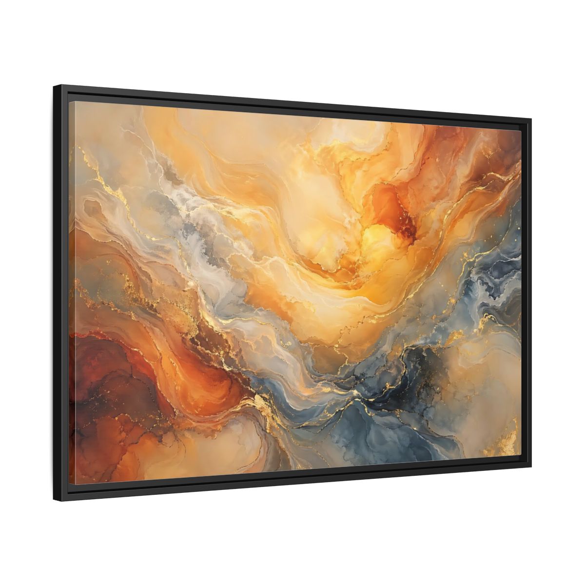 Side Mockup 13. Abstract Abstract Flow Gold And Blue Abstract shown as stretched canvas wall art