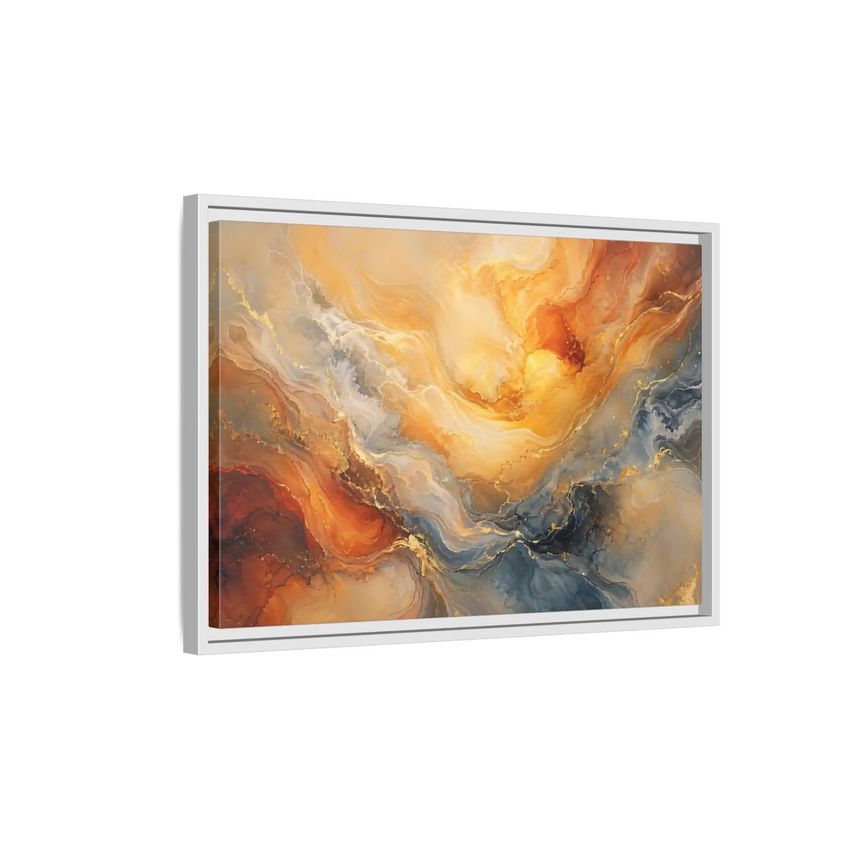 Side Mockup 1. Abstract Abstract Flow Gold And Blue Abstract shown as stretched canvas wall art