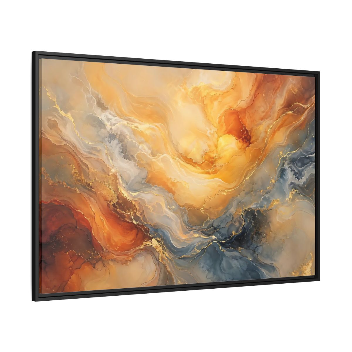 Side Mockup 12. Abstract Abstract Flow Gold And Blue Abstract shown as stretched canvas wall art