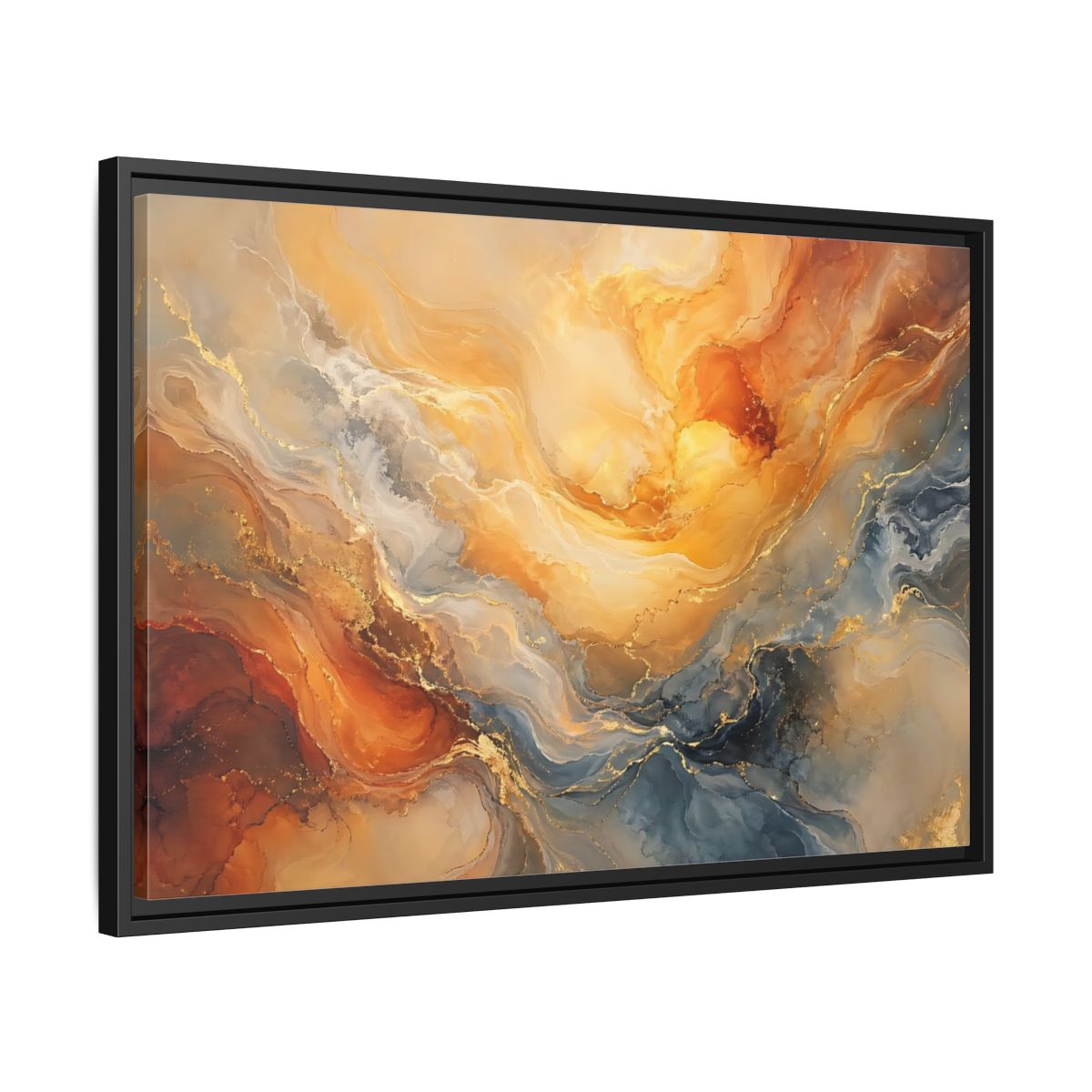 Side Mockup 14. Abstract Abstract Flow Gold And Blue Abstract shown as stretched canvas wall art