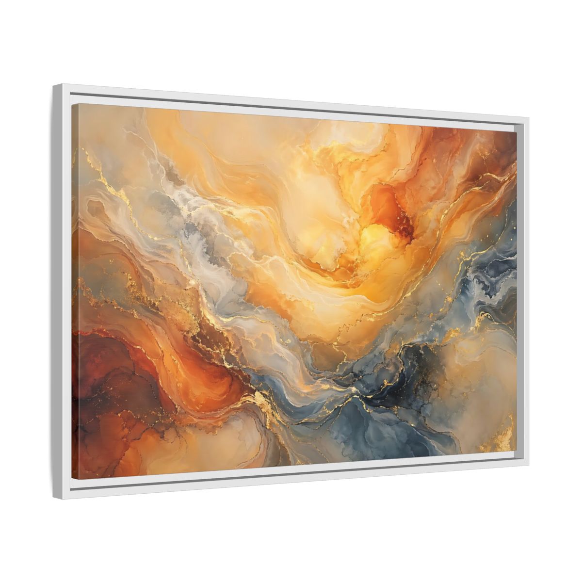 Side Mockup 10. Abstract Abstract Flow Gold And Blue Abstract shown as stretched canvas wall art