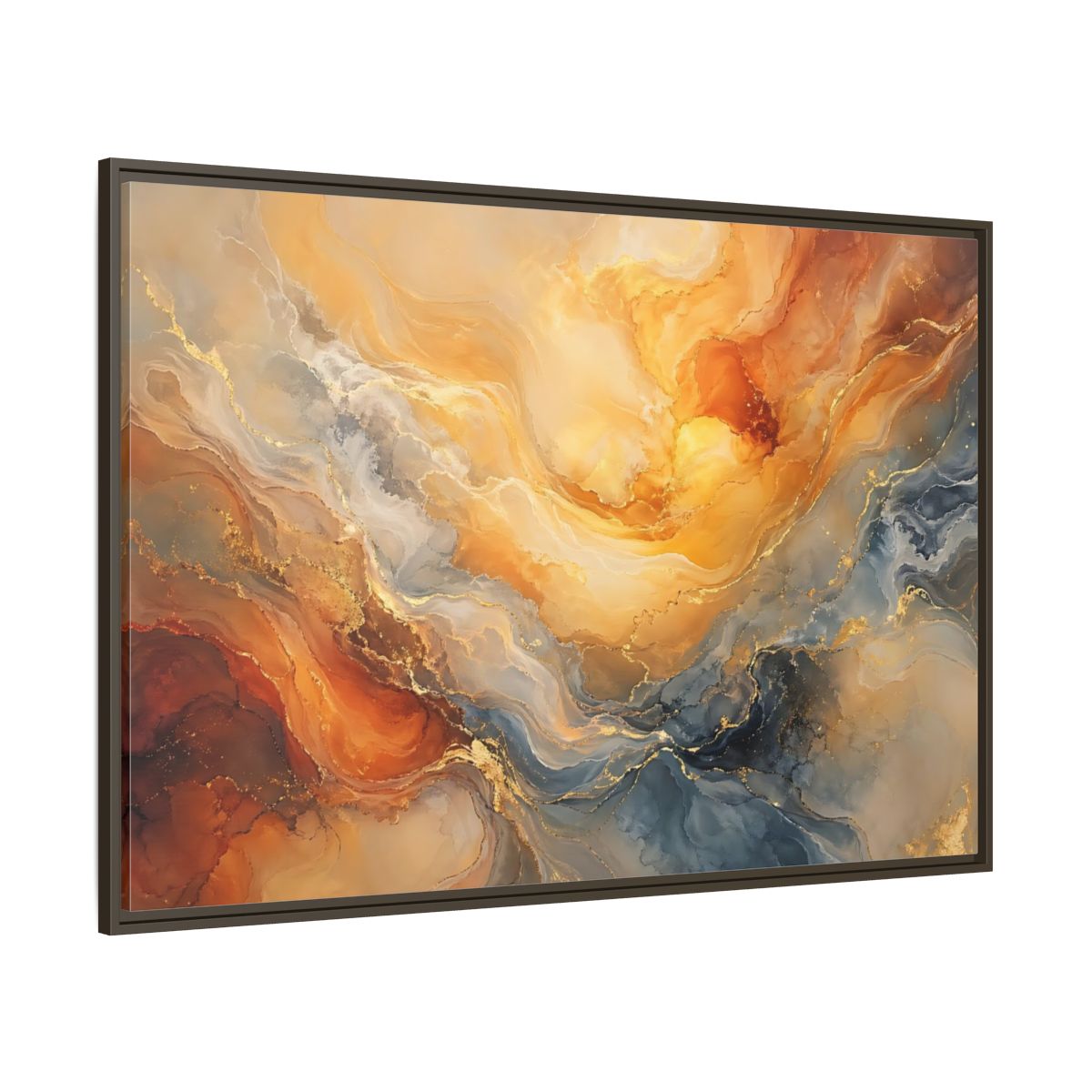 Side Mockup 8. Abstract Abstract Flow Gold And Blue Abstract shown as stretched canvas wall art