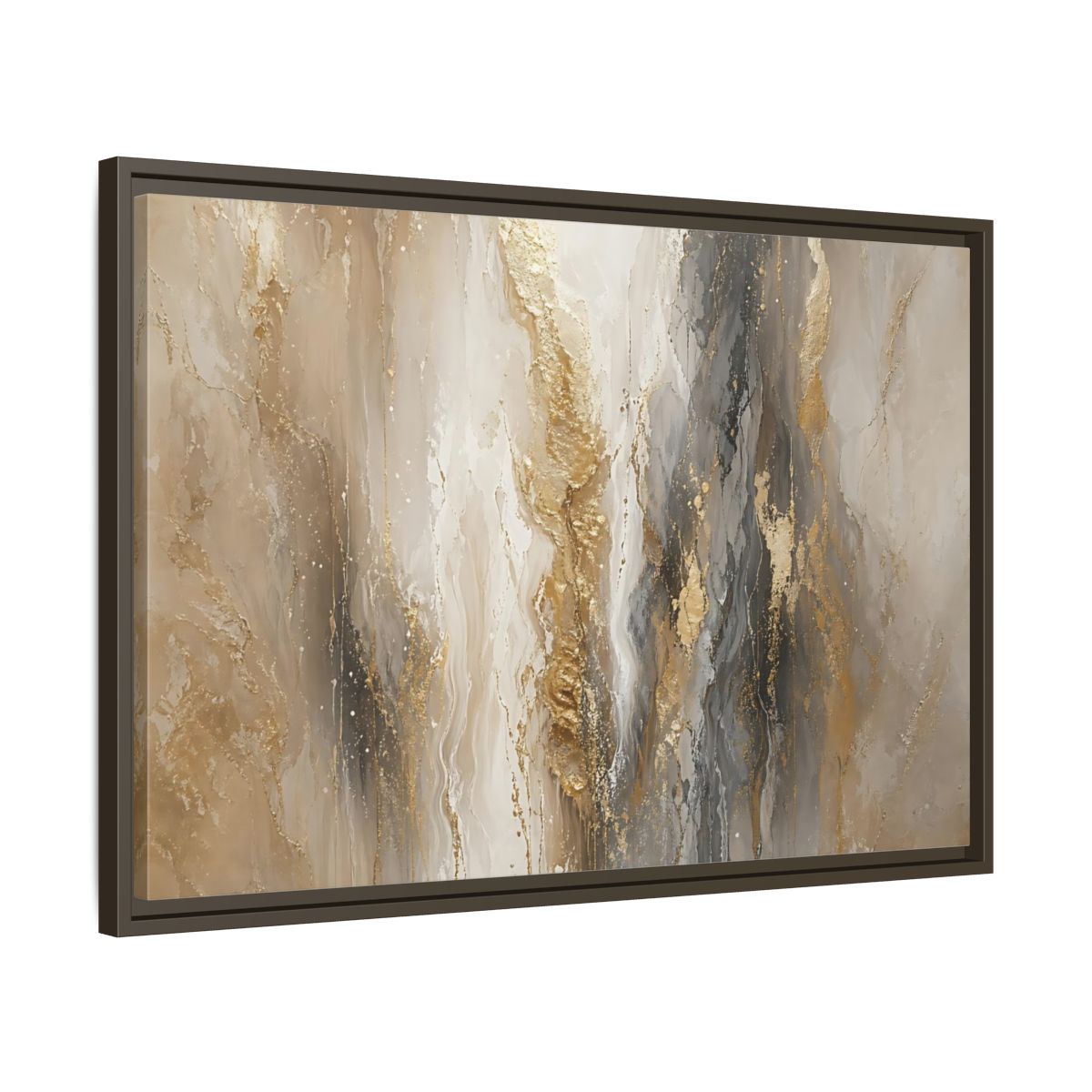 Side Mockup 11. Abstract Abstract Flow Gold And Gray Abstract shown as stretched canvas wall art