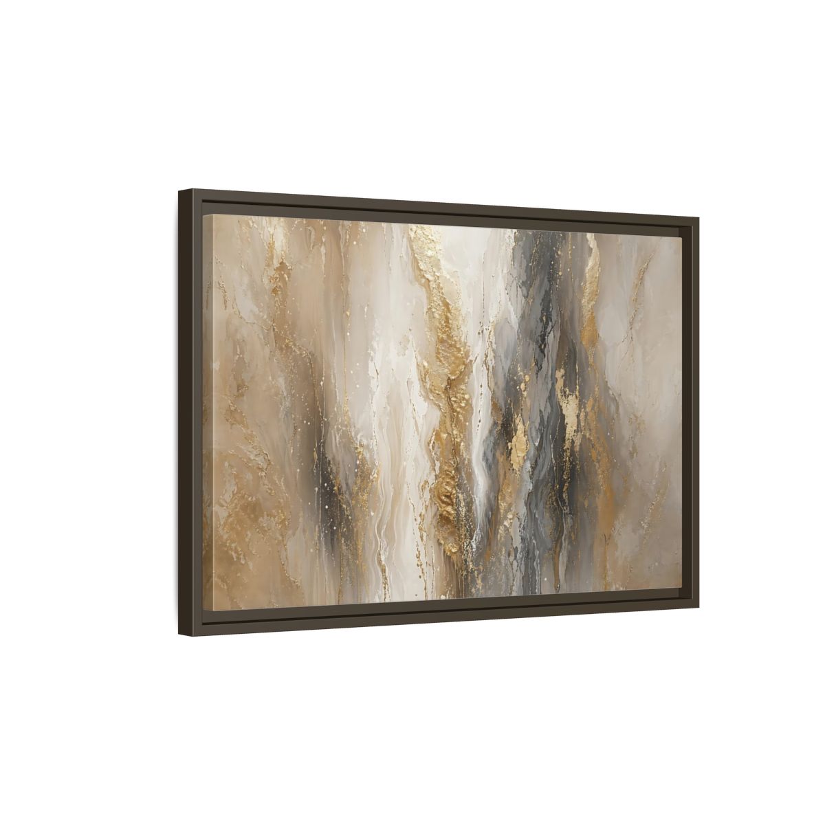 Side Mockup 2. Abstract Abstract Flow Gold And Gray Abstract shown as stretched canvas wall art