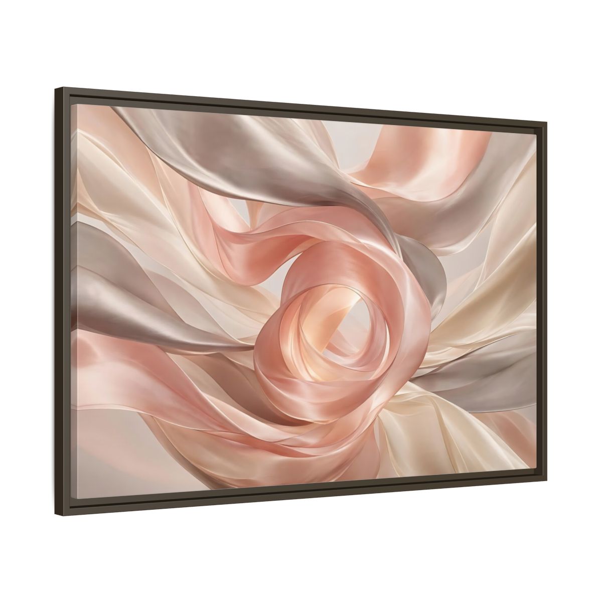 Main Mockup. Abstract Flowing Fabric Blush And Gold shown as stretched canvas wall art