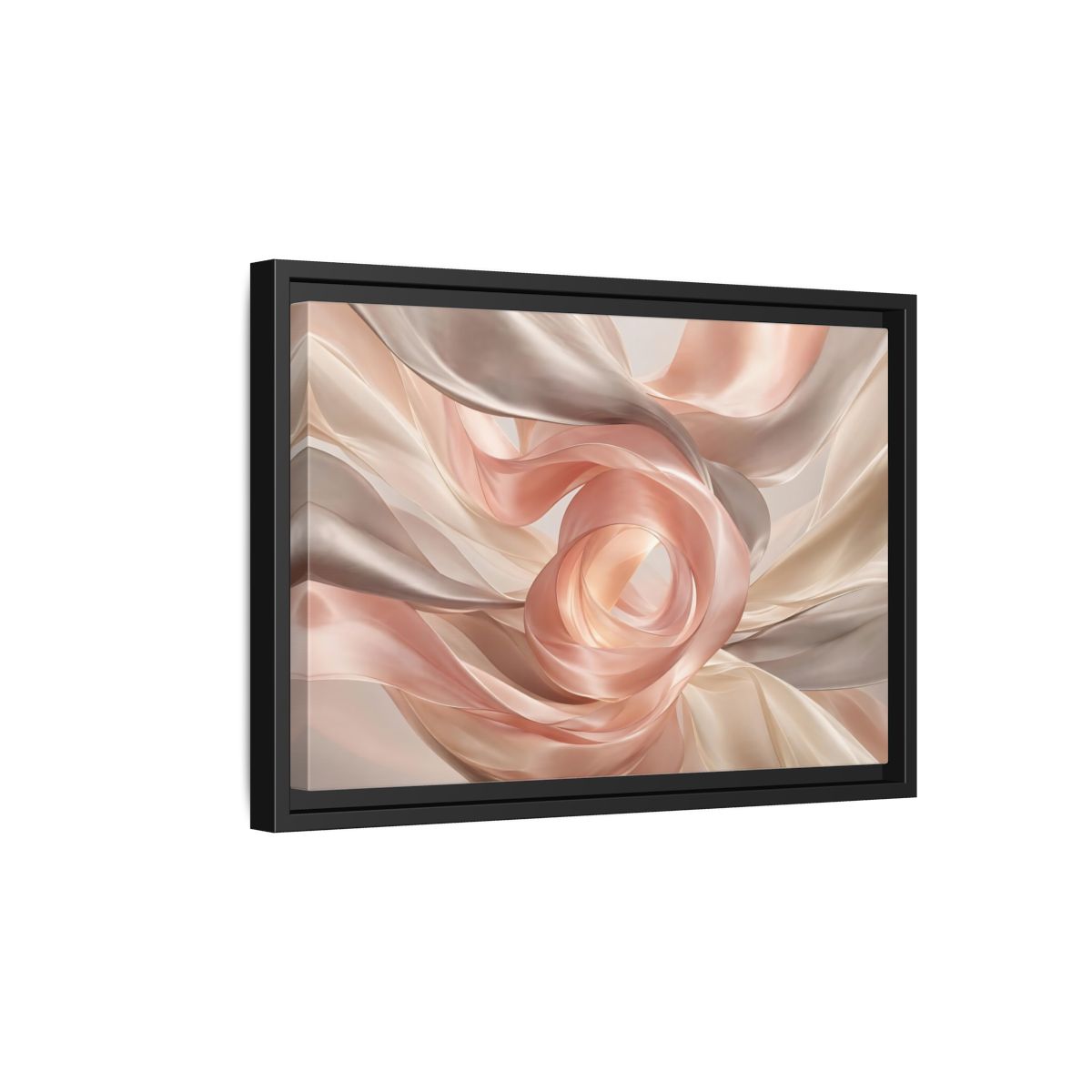 Side Mockup 6. Abstract Flowing Fabric Blush And Gold shown as stretched canvas wall art