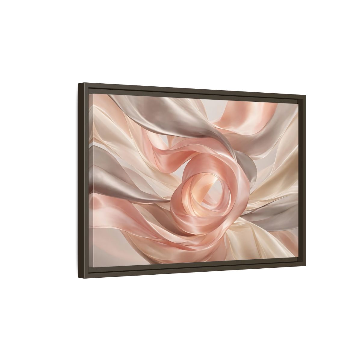 Side Mockup 2. Abstract Flowing Fabric Blush And Gold shown as stretched canvas wall art