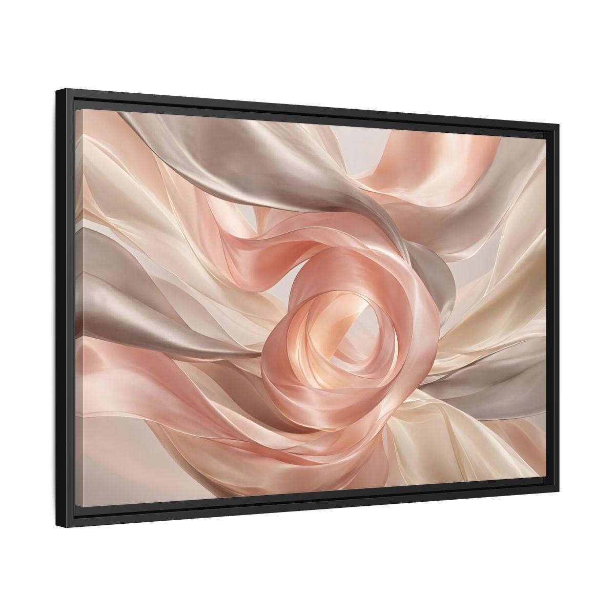 Side Mockup 14. Abstract Flowing Fabric Blush And Gold shown as stretched canvas wall art
