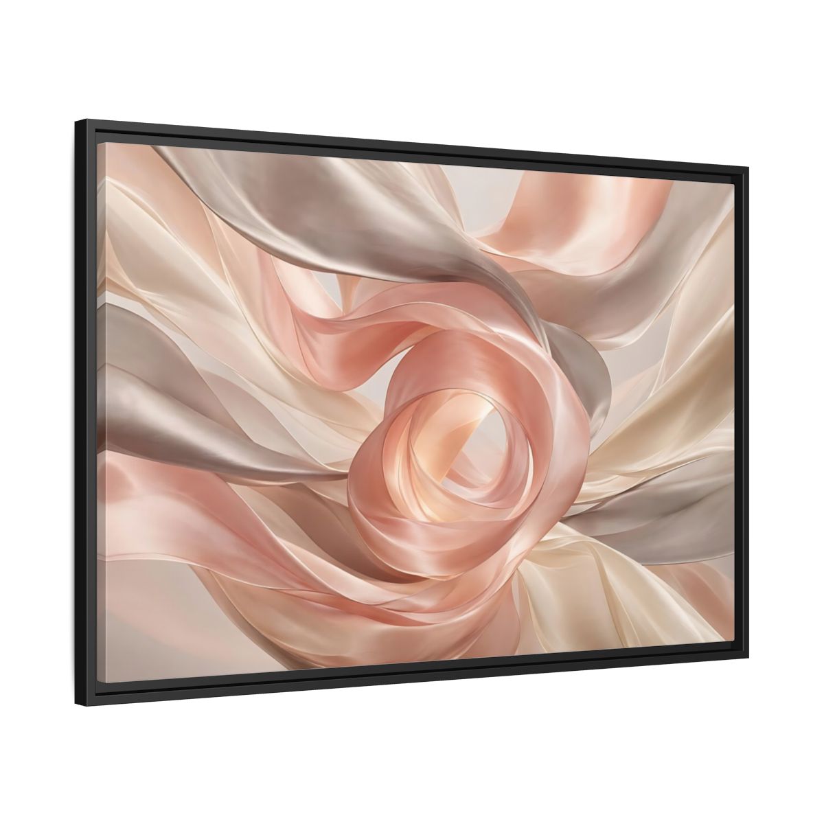 Side Mockup 13. Abstract Flowing Fabric Blush And Gold shown as stretched canvas wall art