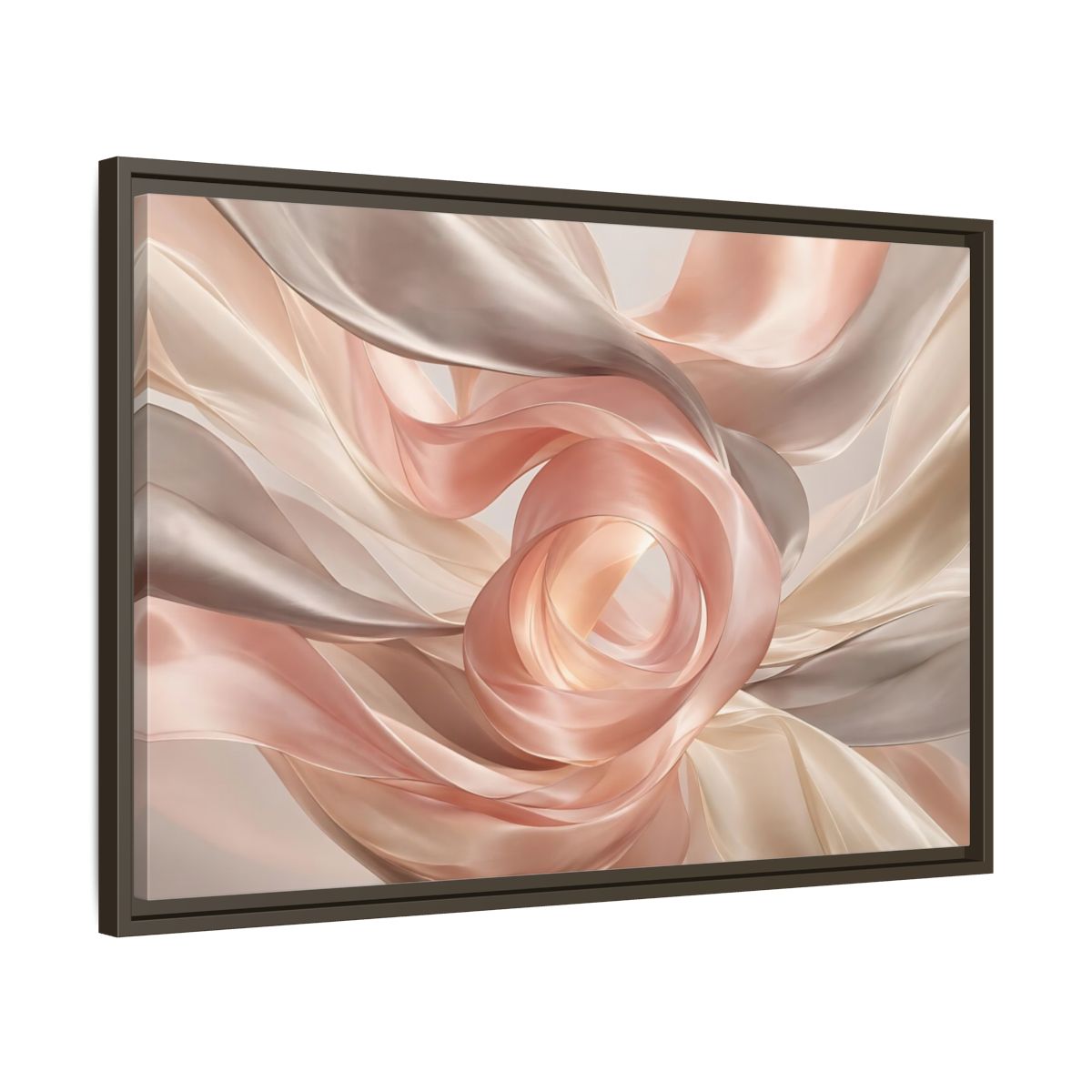 Side Mockup 11. Abstract Flowing Fabric Blush And Gold shown as stretched canvas wall art
