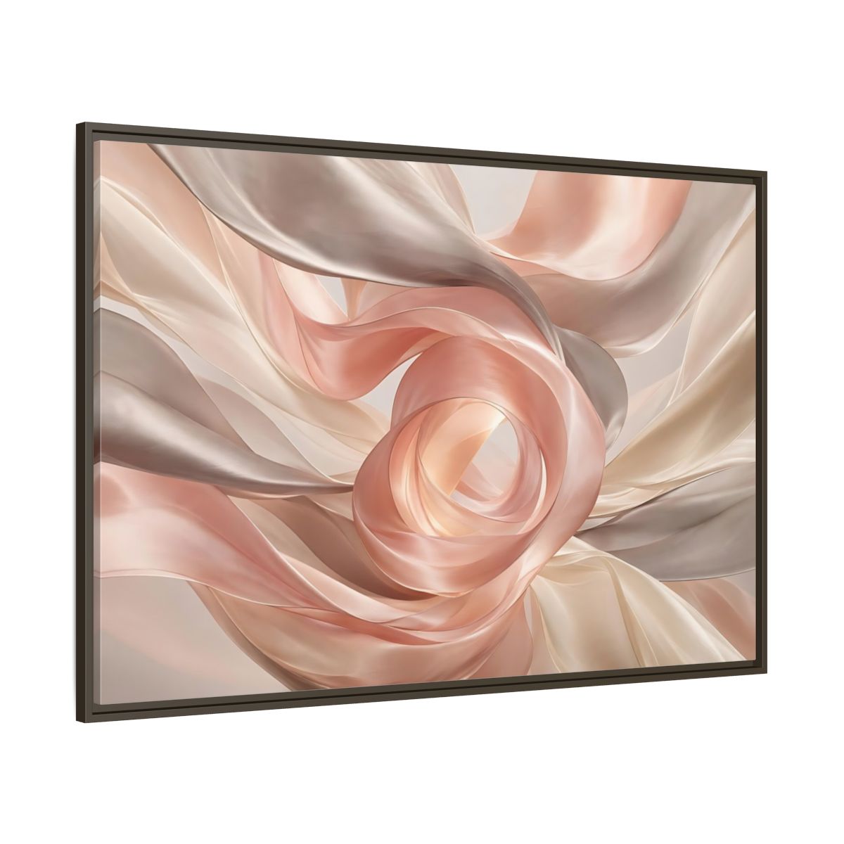 Side Mockup 8. Abstract Flowing Fabric Blush And Gold shown as stretched canvas wall art