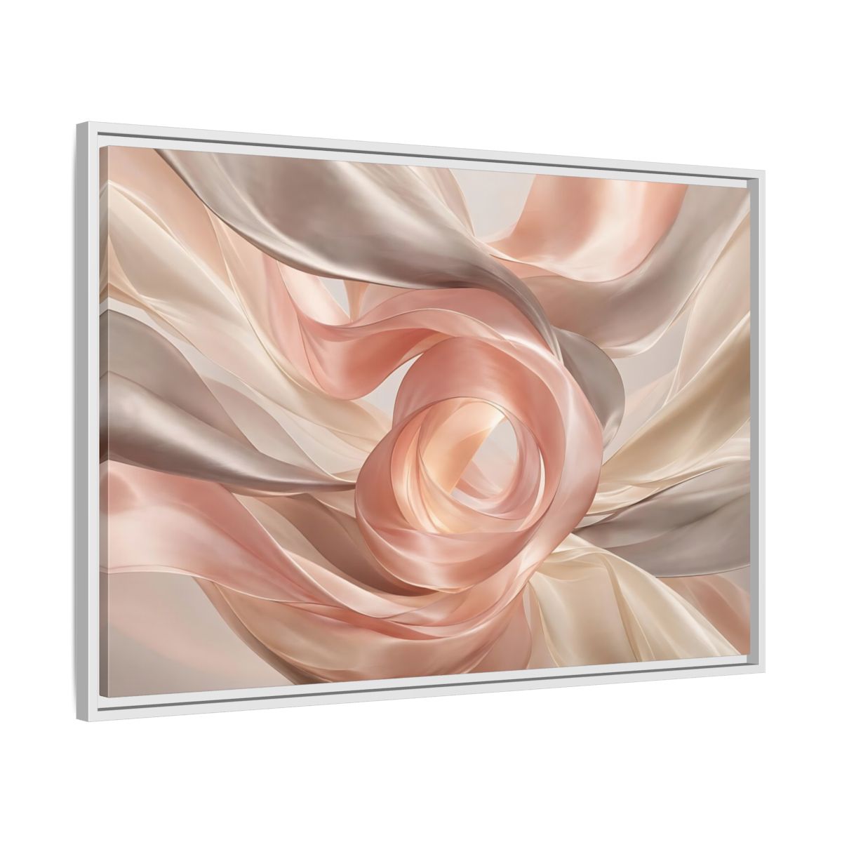 Side Mockup 9. Abstract Flowing Fabric Blush And Gold shown as stretched canvas wall art